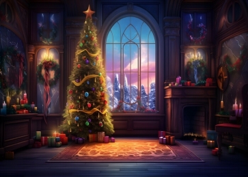 Retro Windows Christmas Tree Room Backdrop Party Studio Photography Background