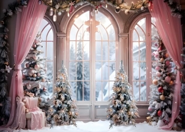 Pink Indoor Window Winter Snow Christmas Tree Backdrop Party Studio Photography Background