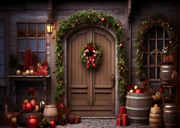 Wooden Door Christmas Backdrop Party Decoration Portrait Photography Background