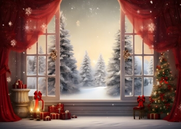 Window Snowy Christmas Tree Backdrop Party Studio Photography Background