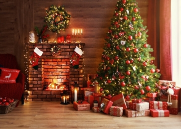 Santa's Gift Box Wood Floor Brick Fireplace Christmas Tree Backdrop Party Photography Background