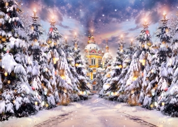 Snow Covered Gold Castle Christmas Tree Forest Christmas Stage Backdrops Party Photography Background