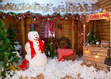 Snowman Wood House Christmas Photo Booth Backdrop Stage Photography Background