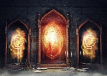 Spooky Night Castle Dark Chamber Magic Mirrors Arch Door Flame Backdrop Video Photography Background