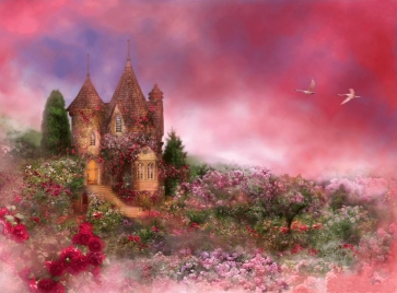 Wonderland Pink Sky Flower Castle Background For Party Photography Backdrop