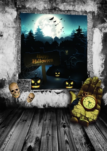 Scary Skull Black Pumpkin Wooden Floor Halloween Backdrops