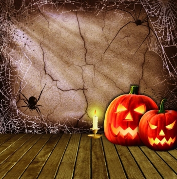 Wood Floor Spider Web Wall Background Pumpkin Candle Halloween Backdrops