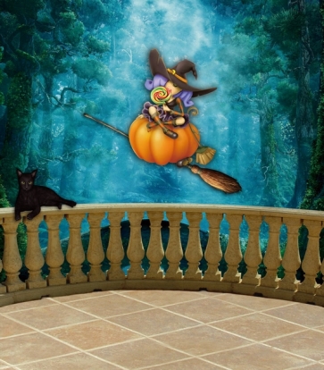 Witch Balcony Sitting On Flying Broom Pumpkin Halloween Backdrops