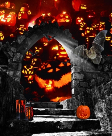 Stone Stairs Bat Many Scary Pumpkins Covering Sky Halloween Backdrops