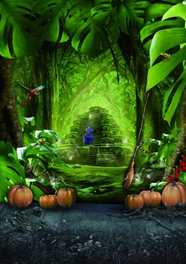 Green Light Covered Forest Tomb Pumpkins Halloween Background