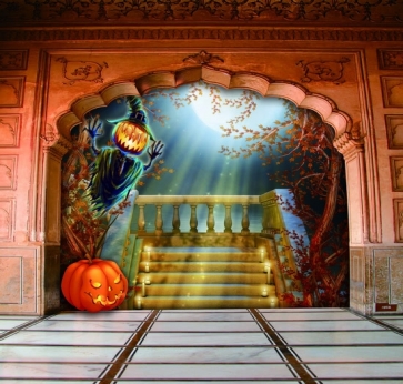 Scary Pumpkin Witch On Wall Medieval Halloween Party Backdrops