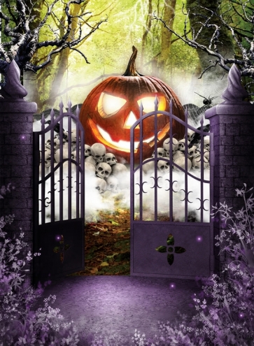  Iron Fence Door Inside Large Pumpkin On Skull Halloween Backdrop