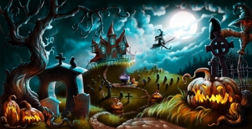 Magical World Castle Flying Witch Scary Pumpkin Halloween Backdrop