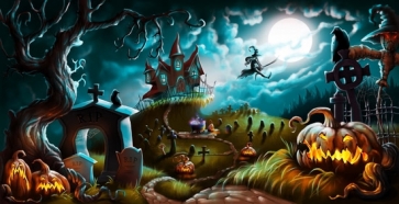 Magical World Castle Flying Witch Scary Pumpkin Halloween Backdrop