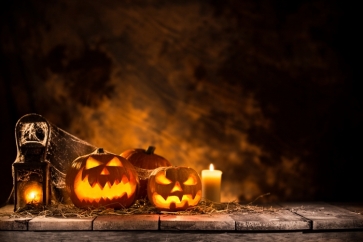 Halloween Pumpkin Lanterns Candle on Wood Floor Background Drops for Photography