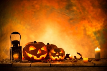 Halloween Pumpkin Lanterns Candles on Wood Floor Professional Photography Backdrops