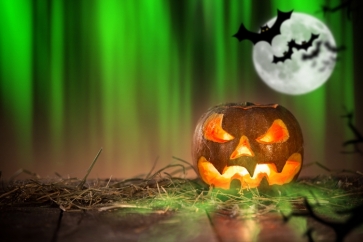 Pumpkin Lantern on Straw Bats Green Light Halloween Party Photo Wall Backdrop