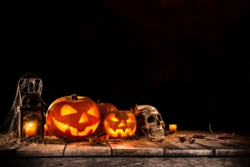 Halloween Party Pumpkin Lanterns Skull Candles on Straw Black Background Camera Backdrops