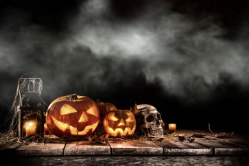 Halloween Party Pumpkin Lanterns Skull Candles on Straw Smoke Fog Photography Photo Backdrops