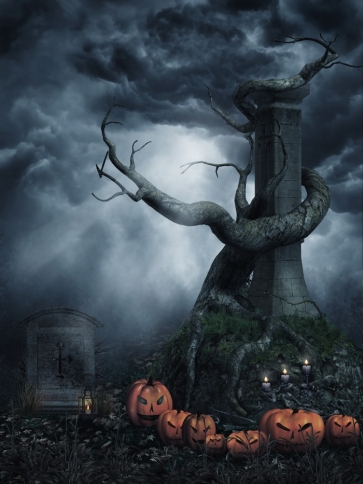 Horrible Scary Night Sky Withered Tree Pumpkin Halloween Party Backdrop