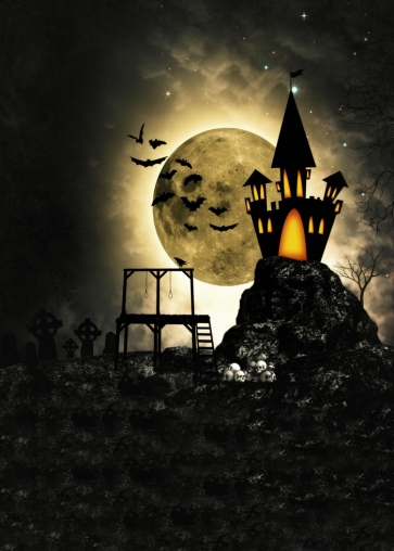 Cartoon Castle Golden Big Moon Bat Magical Halloween Backdrop Photography Background