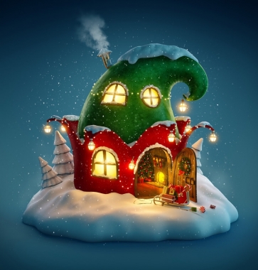 Red Green Hat House in Fairy Tale Christmas Party Picture Backdrop for Children