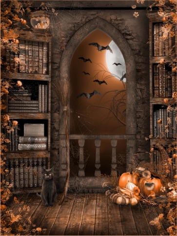 Vintage Medieval Bookshelf Pumpkin Theme Halloween Backdrop Decorations Background