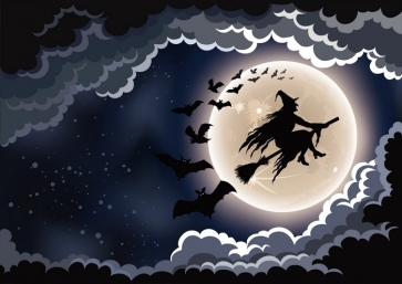 Witch Riding Broom Flying On Moon Halloween Party Backdrop