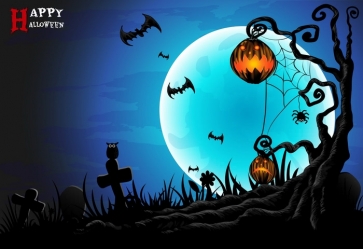 Black Tree Scary Pumpkin Blue Moon Halloween Party Backdrop