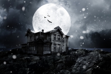 House Under Black Night Sky Moon Outdoor Halloween Backdrop