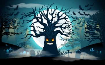 Scary Black Tree Monster Bat Under Blue Night Sky Halloween Party Backdrop