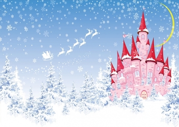 Fairytale Pink Castle Flying Snowflakes Sleigh Christmas Backdrop For Photography