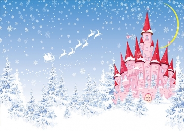 Fairytale Pink Castle Flying Snowflakes Sleigh Christmas Backdrop For Photography
