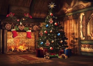 Wood Wall Fireplace Christmas Tree Background Christmas Party Backdrops 