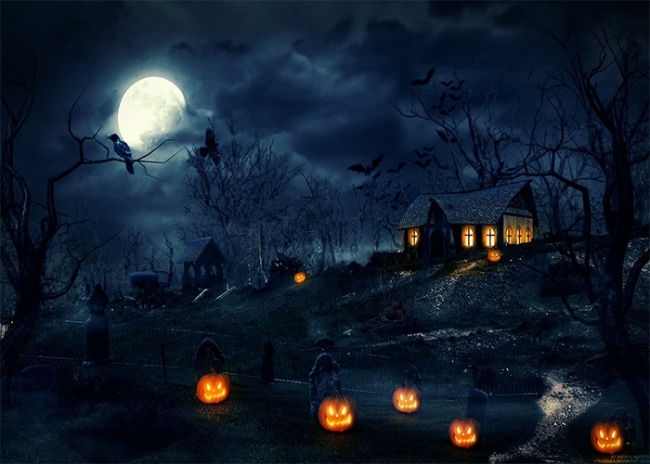 Scary Dark Night Pumpkin Village Halloween Party Backdrop Stage