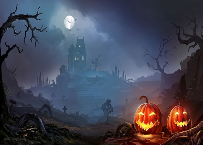 Dark Night Graveyard Castle Scary Pumpkin Halloween Party Backdrop ...