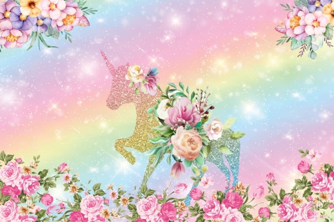 Rainbow Glitter Flower Unicorn Theme Backdrop Kid Girl Happy Birthday Baby Shower Studio Photography Background Decoration