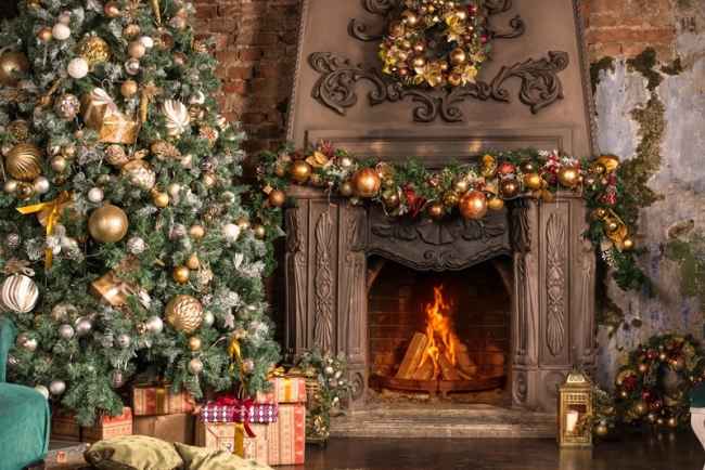 Retro Fireplace Backdrop Christmas Party Stage Photography Background