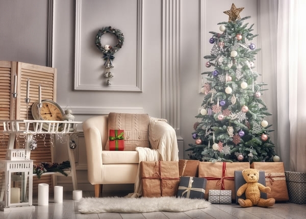 Wood Floor Wall Sofa Gift Box Christmas Tree Christmas Background