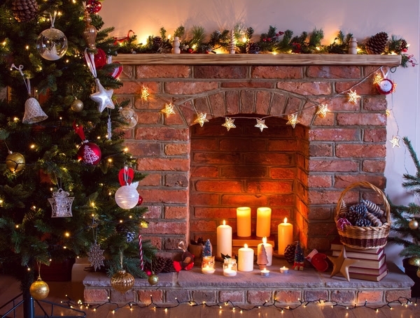 Red Brick Wall Fireplace Backdrops Christmas Tree ...