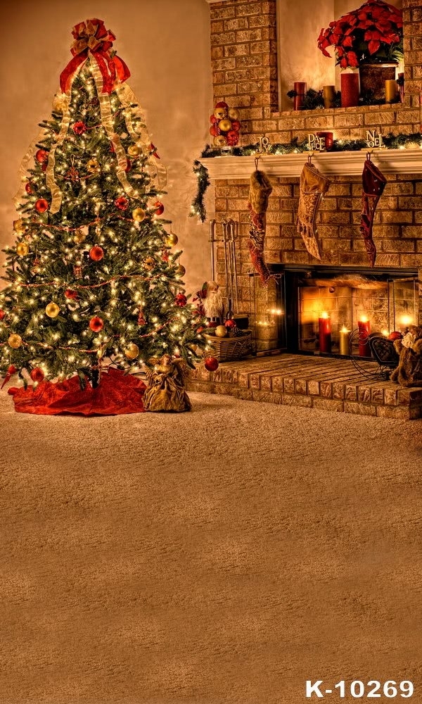Golden Fireplace Christmas Tree christmas Background
