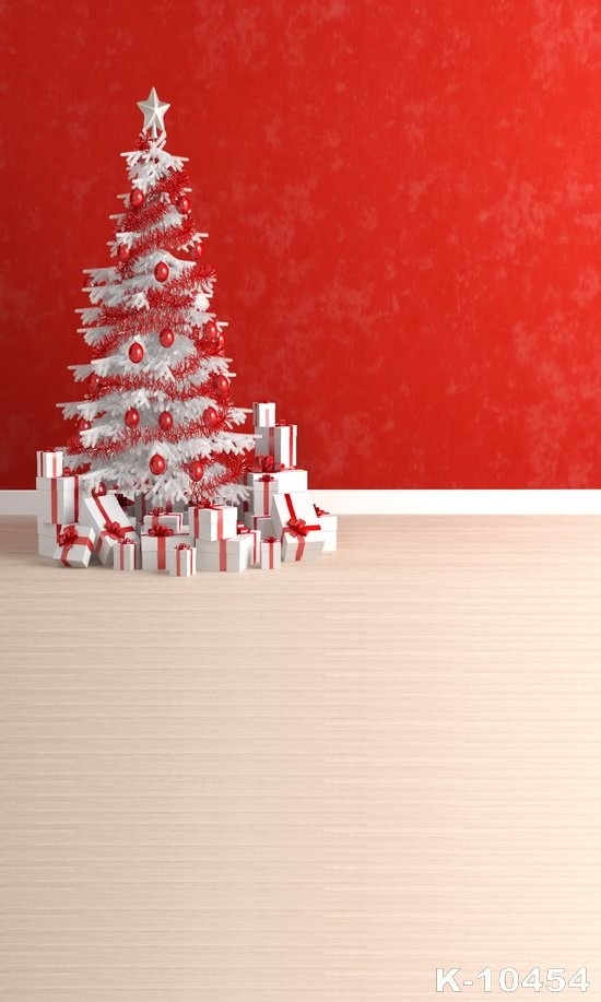 Red Wall Background Wood Floor Christmas Tree Backdrop