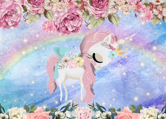 Flower Frame Around Rainbow Unicorn Birthday Party Backdrop Baby