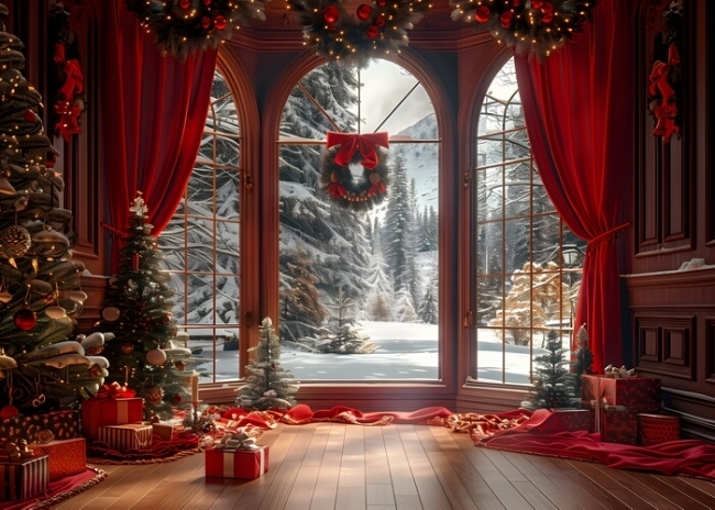 Christmas Window Backdrop 10x12ft - Snowy Winter Wonderland Photography Background