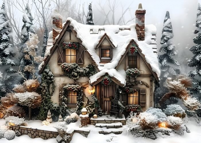 Covered With Snow In Forest Christmas Cabin Backdrop New Year ...