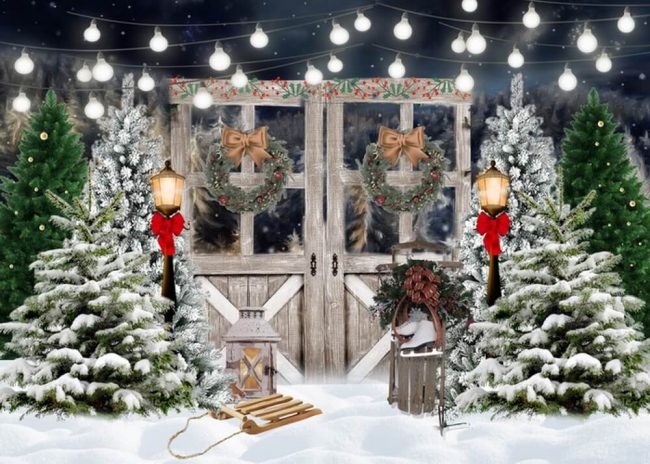 Wooden House Strip Light Tree Christmas Backdrop