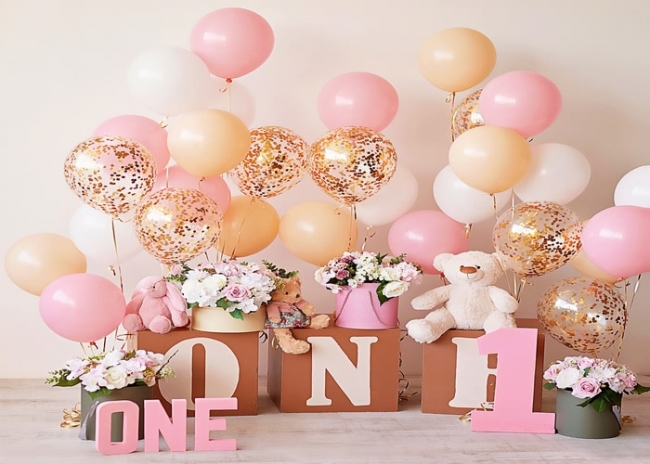 Simple Balloon Theme Baby Girl One Year Old First 1st Happy Birthday  Backdrop Cake Smash Decoration