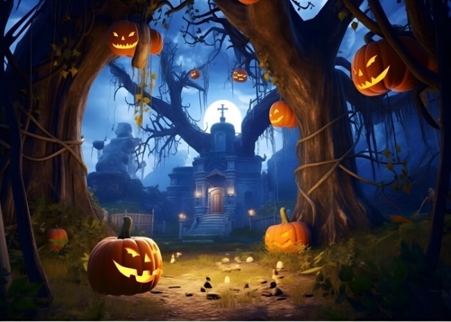 Scary Dead Tree Forest Castle Pumpkin Halloween Party Backdrop