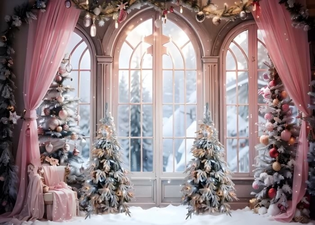 Pink Indoor Window Winter Snow Christmas Tree Backdrop Party Studio ...