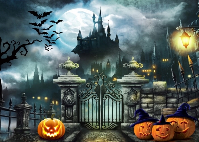 Under The Moon Wizard Castle Pumpkin Halloween Party Backdrop Studio ...